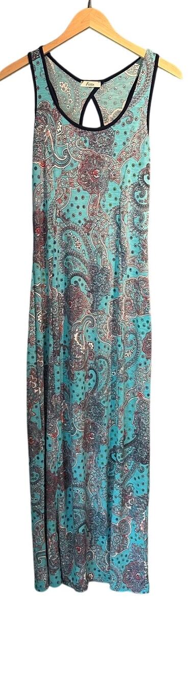 Boho Size Small Turquoise Maxi Dress Print Keyhole Knit Coastal Cowgirl